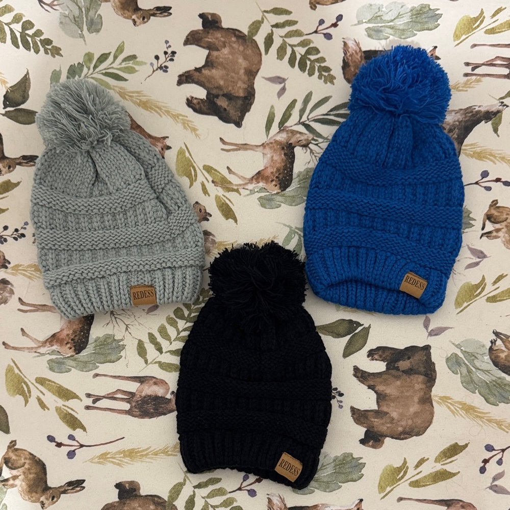 Kids Cozy Knit Pom-Pom Beanie Set - Gray, Blue, Black